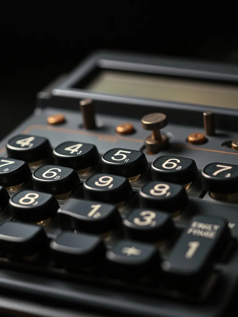 A macro photograph of an old mechanical calculator with meta
