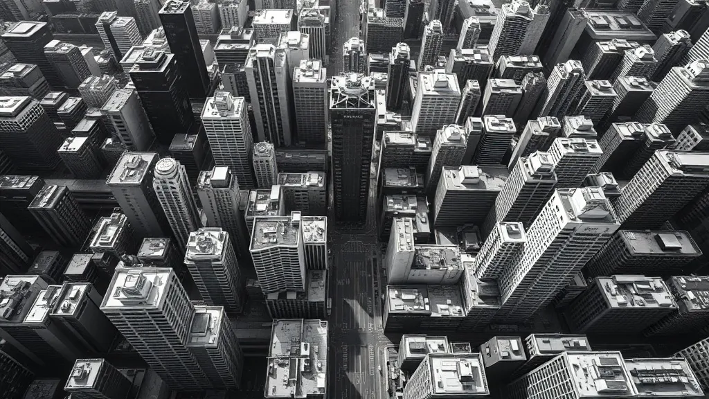 A high-contrast black and white aerial view of a structured