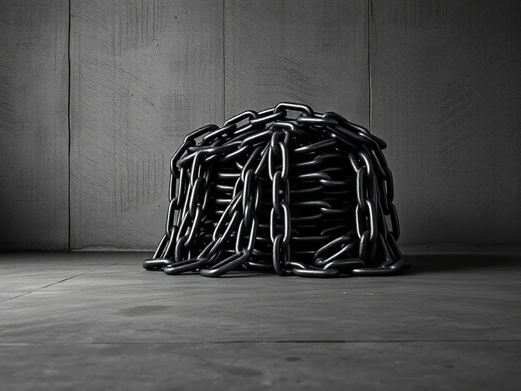 A minimalist black and white photograph of a stack of heavy